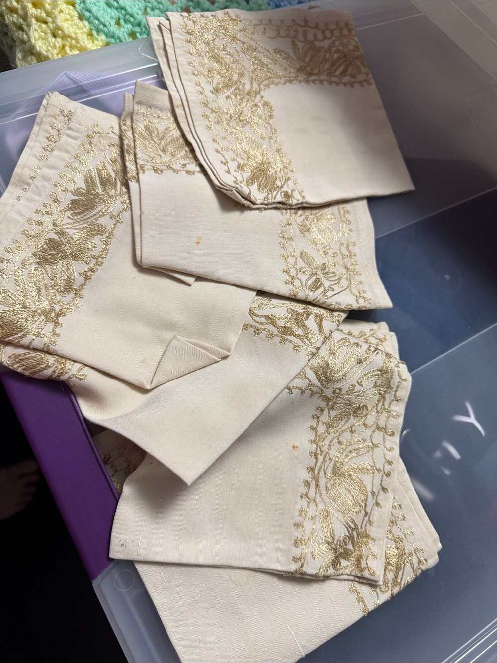 Embroidered Gold Linen Napkins - Set of 6 with stains and spots